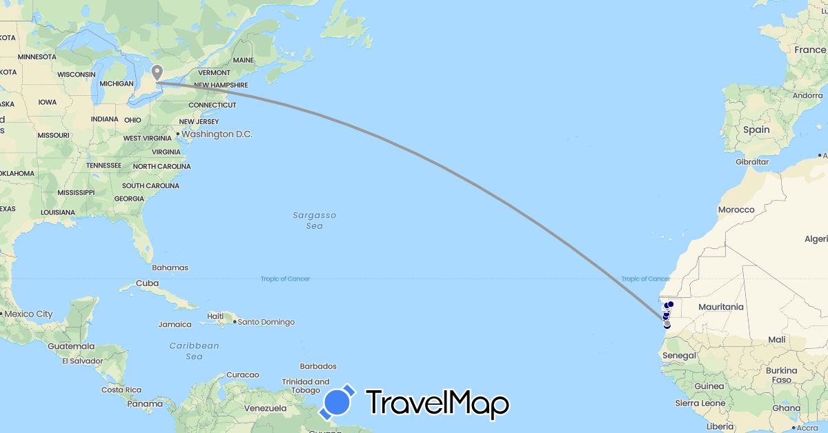 TravelMap itinerary: driving, plane in Canada, Mauritania (Africa, North America)